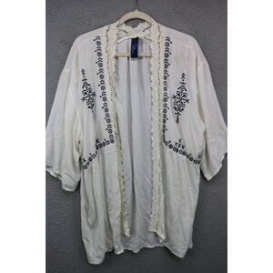 Blue Rain Embroidered Crochet Short Wide Sleeves Open Front Topper-Large-Boho‎